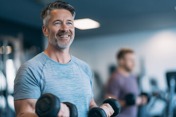 Smiling middle aged man lifting dumbbells during workout in modern gym