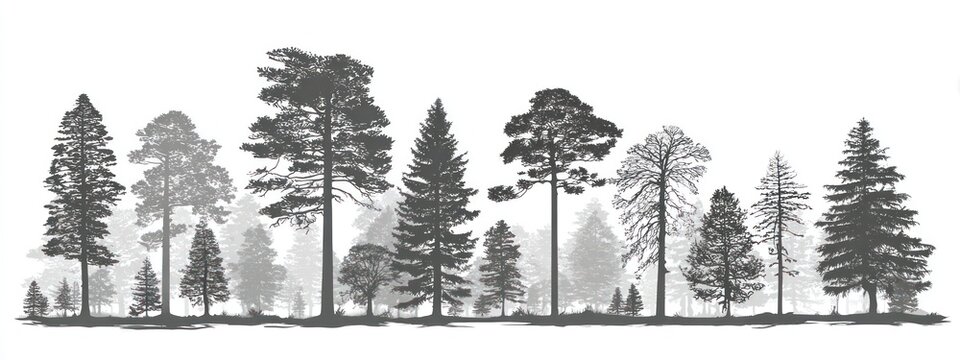 Silhouette of various trees, varying heights and shapes, against a white background. Black & white