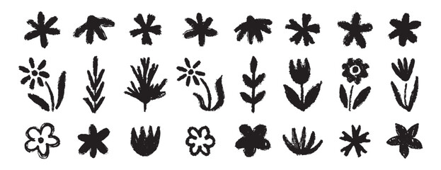 Naklejka premium Grunge trendy doodle flowers leaves set. Hand drawn brush flowers crayon, chalk texture. Flowers textured collection