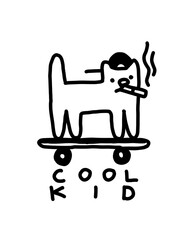 Cool kid cat with baseball cap on skateboard smoking a cigarette