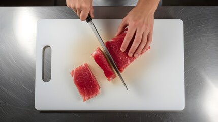 Close-up of a chef's hands expertly slicing fresh, raw red meat, likely tuna or beef, into precise portions on a clean white cutting board, showcasing culinary preparation for a gourmet meal