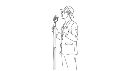 A stylish man wearing a hat and glasses sings into a vintage microphone with his hands gesturing expressively in a minimalist line drawing