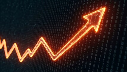 Glowing Orange Arrow Showing Upward Trend and Growth on Dark Digital Binary Code Background