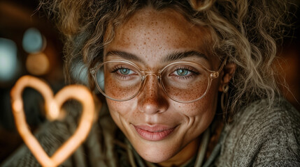 Young adult woman with glasses smiling at glowing AR heart message in cozy cafe, augmented reality digital communication and immersive emotion concept, lifestyle technology interaction close-up