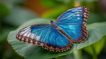 nature illustration of a brilliant blue Morpho butterfly resting on a large, deep green rainforest leaf. Focus on the iridescent, metallic texture of the wings and the intricate black marginal 