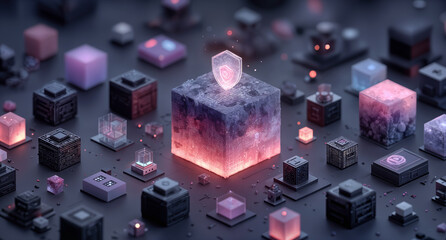 Futuristic open source building block cube with glowing cybersecurity shield icon surrounded by digital software containers in blue and violet tech theme