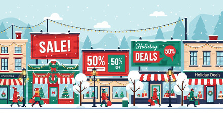 Festive Holiday Deals: A charming winter scene showcases shops adorned with holiday decorations, offering enticing Sale and Holiday Deals promotions, drawing in shoppers along a snowy street.