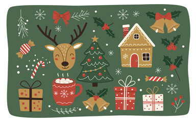 Whimsical festive Christmas elements set