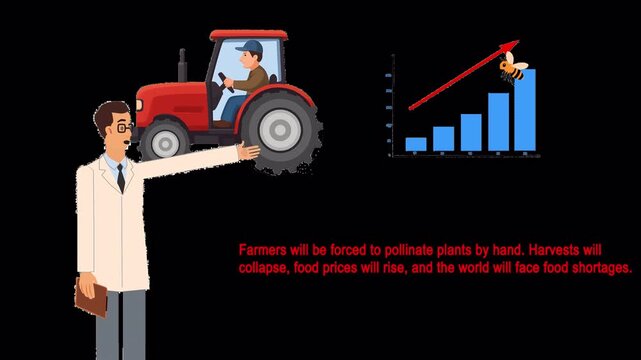 Alpha channel animation of an explainer character discussing the consequences if bees disappear. Features a bee, a farmer on a tractor, and a graph illustrating the impact on crop pollination. 
(NO AI