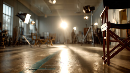 A brightly lit film studio showcases a director's chair, stage lights, and professional equipment, ready for the next shoot.