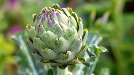 Fototapeta premium Fresh Artichoke:Ideal for Healthy Gourmet Recipes, Farm-to-Table Cuisine, Vegetarian Dishes, Food Photography, and Culinary Content Highlighting Nutritious, Flavorful Produce from Mediterranean Garden