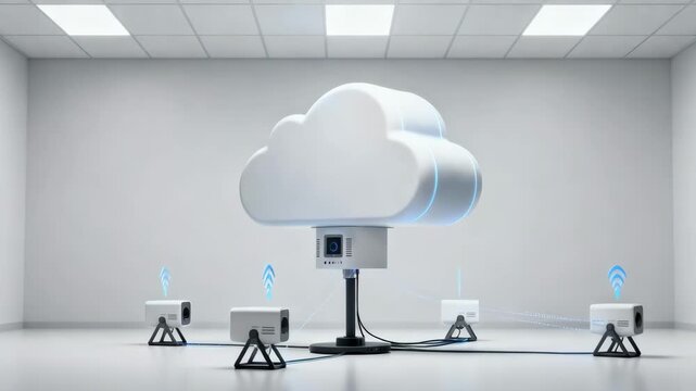 Medium shot of a cloudconnected radiation sensor setup indoors linking multiple devices with wireless signals for centralized exposure tracking.