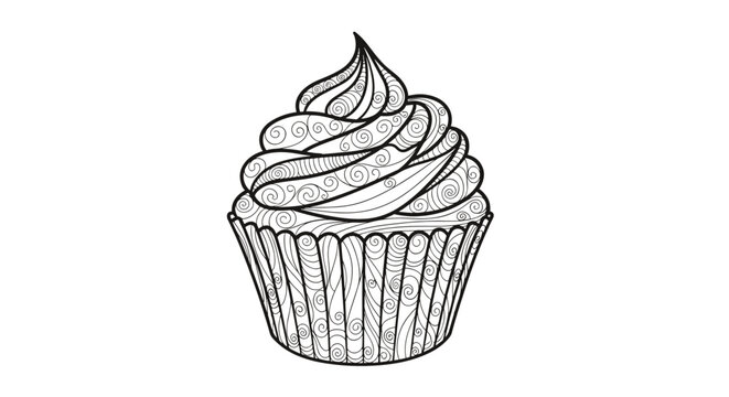 Intricate black and white line art illustration of a cupcake with decorative frosting and wrapper featuring detailed swirl patterns for adult coloring.