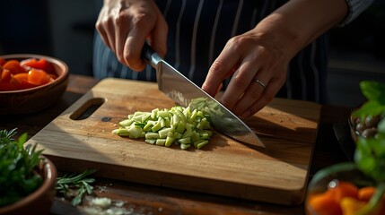 Close-up of hands meticulously dicing fresh green vegetables on a rustic wooden cutting board, highlighting the mindful process of healthy food preparation in a home kitchen environment