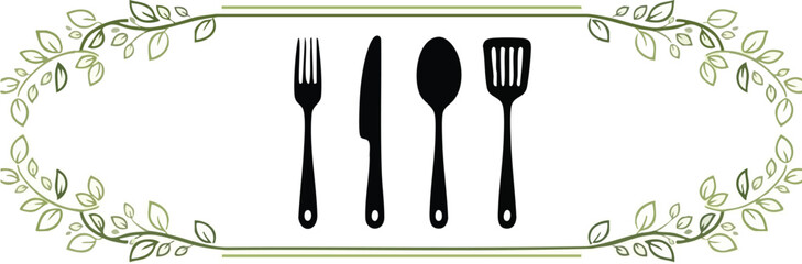 Culinary tools in frame with foliage, ideal for culinary blog or recipe card