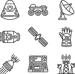 Space exploration icons including capsule rover satellite glove control panel and rocket vector