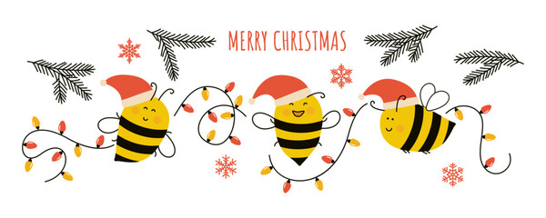 Merry Christmas. Cute funny holiday bees wearing a Santa hats and flying with Christmas garland. Christmas Tree branches, Snowflakes. Cheerful winter pattern for greeting cards, stickers, package  © Olena
