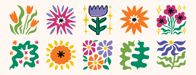 Creative flower poster style collection, bold colorful floral illustrations in square layout