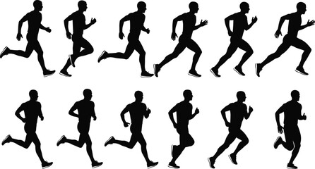 Running motion silhouette sequence, black vector illustration, athletic movement cycle, sports biomechanics, dynamic posture, fitness training, animation reference