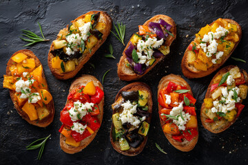 Vegetable Bruschetta with Cheese. Colorful bruschetta topped with vegetables and cheese. Ideal for culinary blog, cooking classes, or a food magazine.