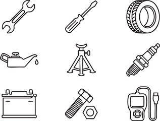 Set of nine black and white vector icons depicting automotive repair tools and parts wrench screwdriver