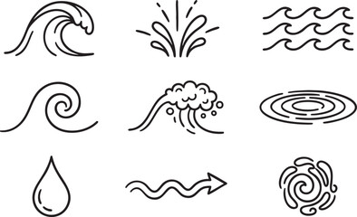 Collection of nine simple black line art water wave and droplet icons splash ripple