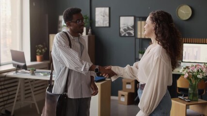 African American man listening to talkative woman who discussing new project with him and shaking hands