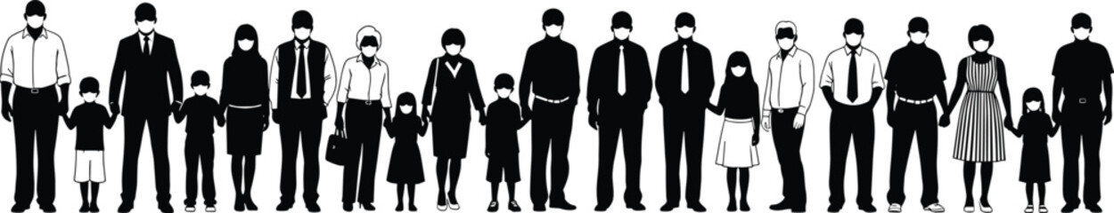 Silhouettes of masked adults and children standing in line representing public health, safety, and pandemic-era social unity
