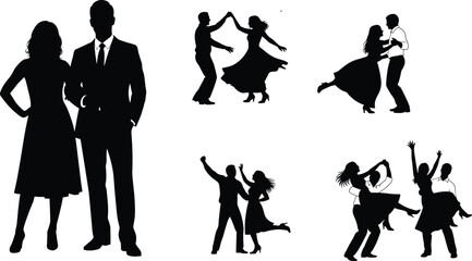 Silhouettes of couples dancing and standing in formal and expressive poses representing elegance, joy, and social connection