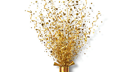 a festive image of a party popper exploding with a dynamic burst of golden confetti, swirling ribbons, and stars