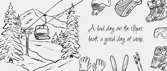 Fototapeta premium Hand drawn winter mountain with ski lift. Gear illustrations including gloves, boots, goggles, snowboard, and backpack. Vector sketch illustration in vintage crayon charcoal style. Winter sports