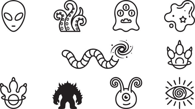 Collection of stylized alien and monster icons including extraterrestrial head tentacles and eye