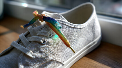 Grey shoe featuring rainbow-colored shoelaces. Bright light in a sunny room. A close up, warm light and wooden floor.