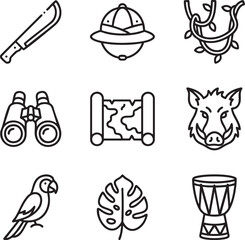 Collection of Safari Expedition Icons Including Machete Binoculars Map and Boar Head travel adventure