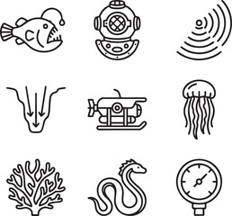 Anglerfish diver helmet submarine jellyfish coral sea serpent pressure gauge icons deep creature