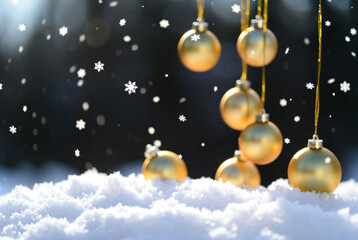 Golden Christmas baubles, snow, falling snowflakes, winter holiday