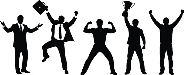 Silhouettes of people in celebratory and triumphant poses representing success, achievement, motivation, and business victory themes