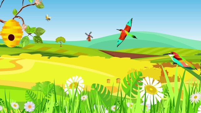 Vector animation of a tree with a beehive, bees flying around, and countryside nature with hills and mountains.
Also features bee threats such as shrikes (birds) flying nearby.
(NO AI)