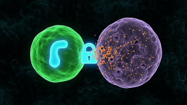 T-cell and cancer cell interaction with checkpoint inhibitor.