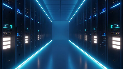 Futuristic server room with neon lights
