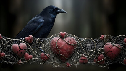 Obraz premium A solitary black crow perches on a string of red hearts, some broken, entangled in a web.