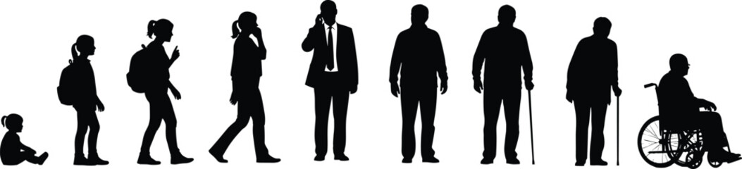 Silhouette timeline of human life stages from childhood to old age for aging, development, and healthcare concepts