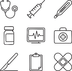 Collection of medical icons stethoscope syringe thermometer vial monitor scalpel clipboard first aid kit