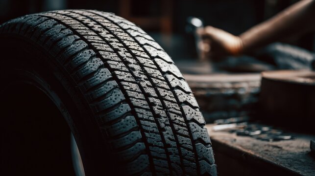 Medium shot of a technician carefully applying cold retread material on a tire tread in a controlled workshop environment.