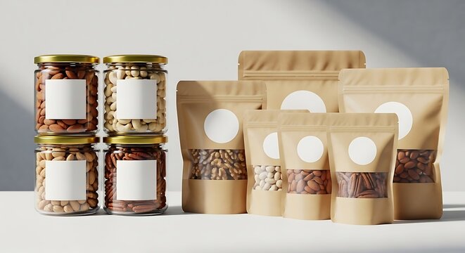 Product mockup for glass jars and kraft paper pouches containing various nuts