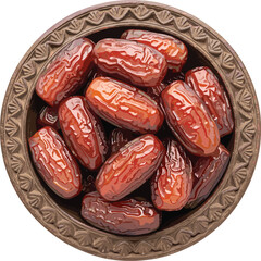 Date bowl illustration—vector of ornate rim design and glossy ripe dates for Ramadan and Middle Eastern cuisine