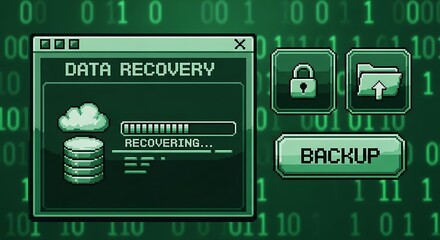 Data recovery interface in a green pixel art style showing a recovery process and backup options