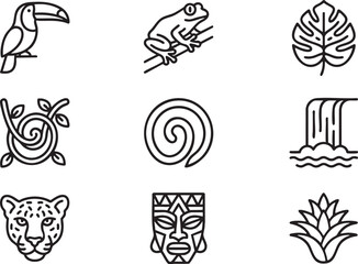 Obraz premium Set of nine jungle themed line art icons toucan frog leaf swirl waterfall leopard mask plant bird