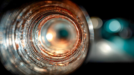 A mesmerizing macro shot through a pipe's interior, revealing intricate textures, layered patterns, and gradients of color in abstract form.