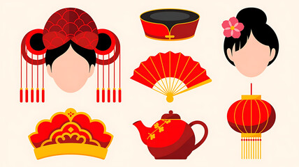 Red and gold Chinese cultural objects and headdresses Chinese culture traditional